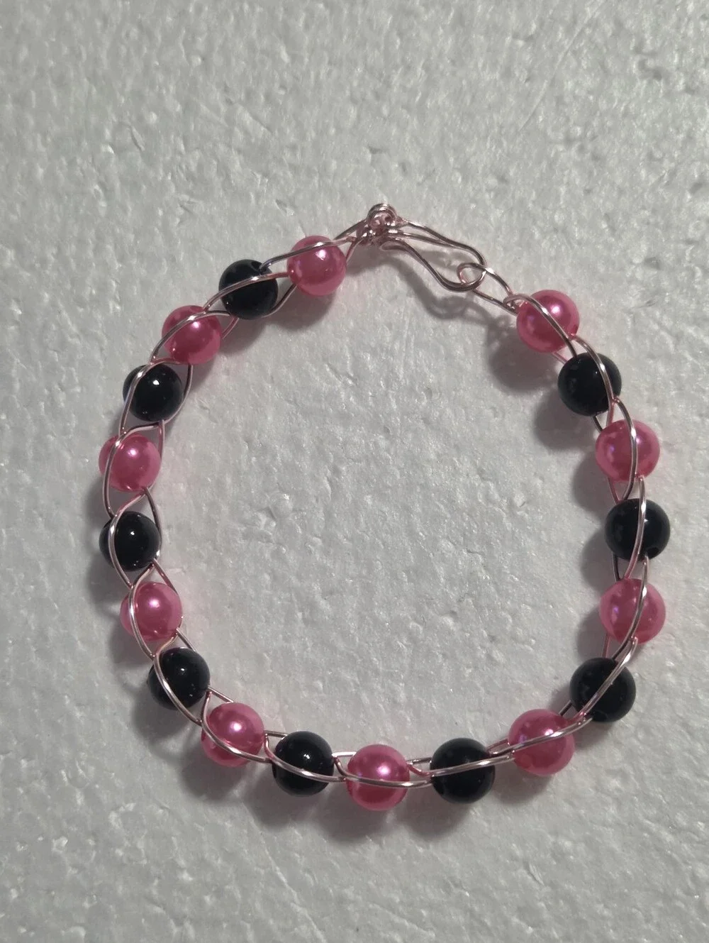 Handcrafted Pink and Black Faux Pearl Wire Bracelet